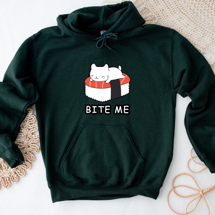 a green sweatshirt with a white cat on it