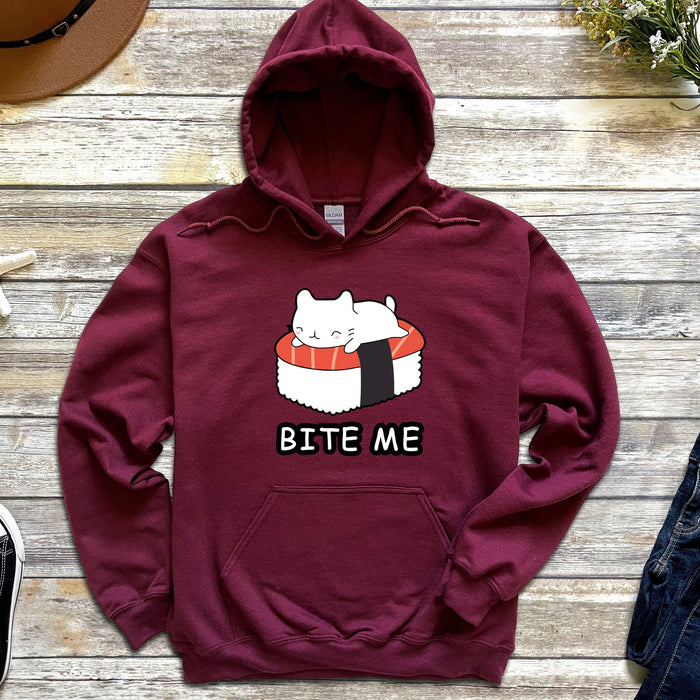 a red sweatshirt with a sushi cat on it